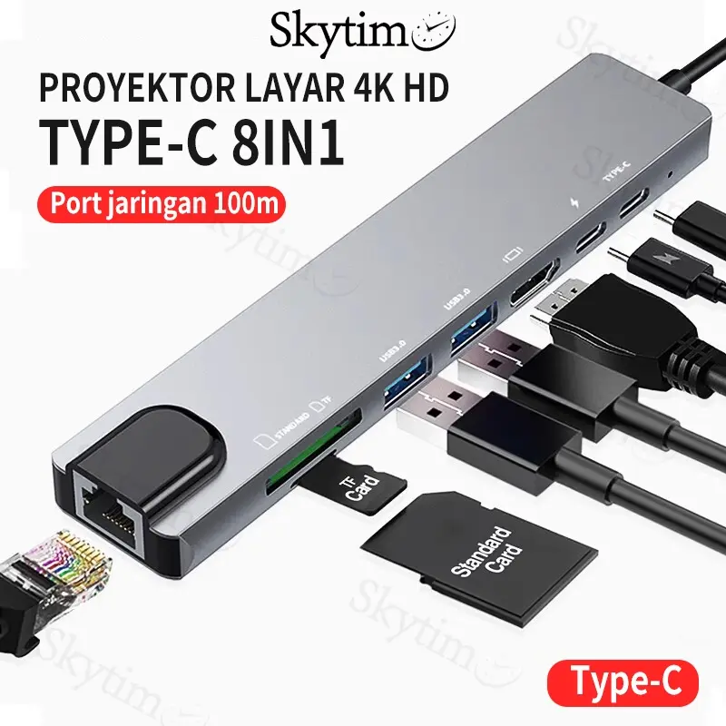 Skytime 8in1 Adapter Connector DS01 USB-C Type-C HDTV Kabel Konekter Multifungsi SD Card TF Card Computer Laptop Phone Tablet