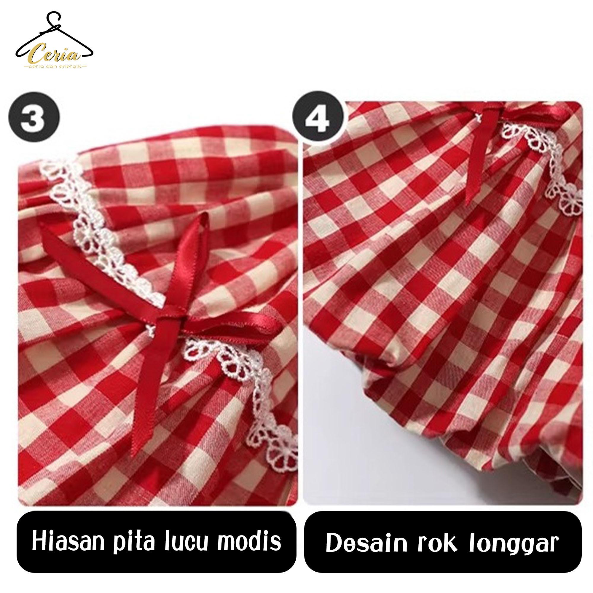 Ceria-Set Rok Angin Dopamin Anak Perempuan / Set Anak Perempuan Kotak-kotak Merah / Atasan Lengan Rumbai dan Rok Mengembang Dua Potong