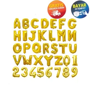 KP190 - BALON FOIL BALON ULANG TAHUN HURUF ANGKA ABJAD ALPHABET GOLD 16 INCH HURUF A-Z ANGKA 1-10 BALON LATEX HURUF