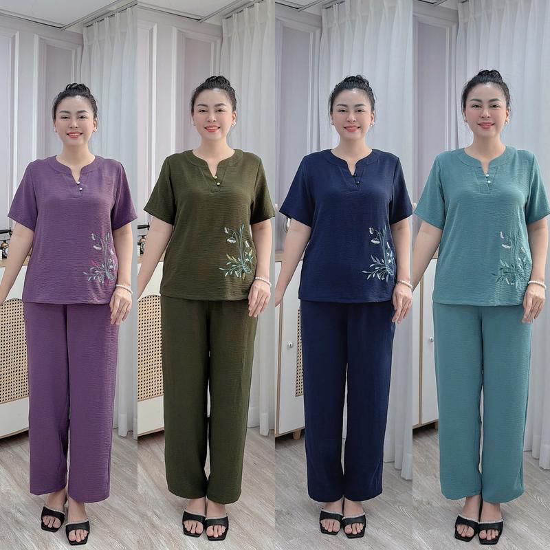 Set Trung Niên Đũi Mềm Nhẹ Cao Cấp Thoáng Mát, Hoạ Tiết Thêu Tinh Xảo, Quần Lưng Thun, Có Size, Nữ Women Áo, Loungewear, bigsize, đồ bộ trung niên u50 cao cấp, bộ mẹ trung niên, quần áo bộ trung niên, đồ bộ nữ cho mẹ, đồ bộ cho mẹ 60 tuổi mặc nhà, bà