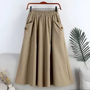 Aira Fashion House Rok Cargo Twill Combed Premium Stretch Wanita Cream Kancing & Saku Serut Katun Karet Maxi Panjang Standar Belah Samping