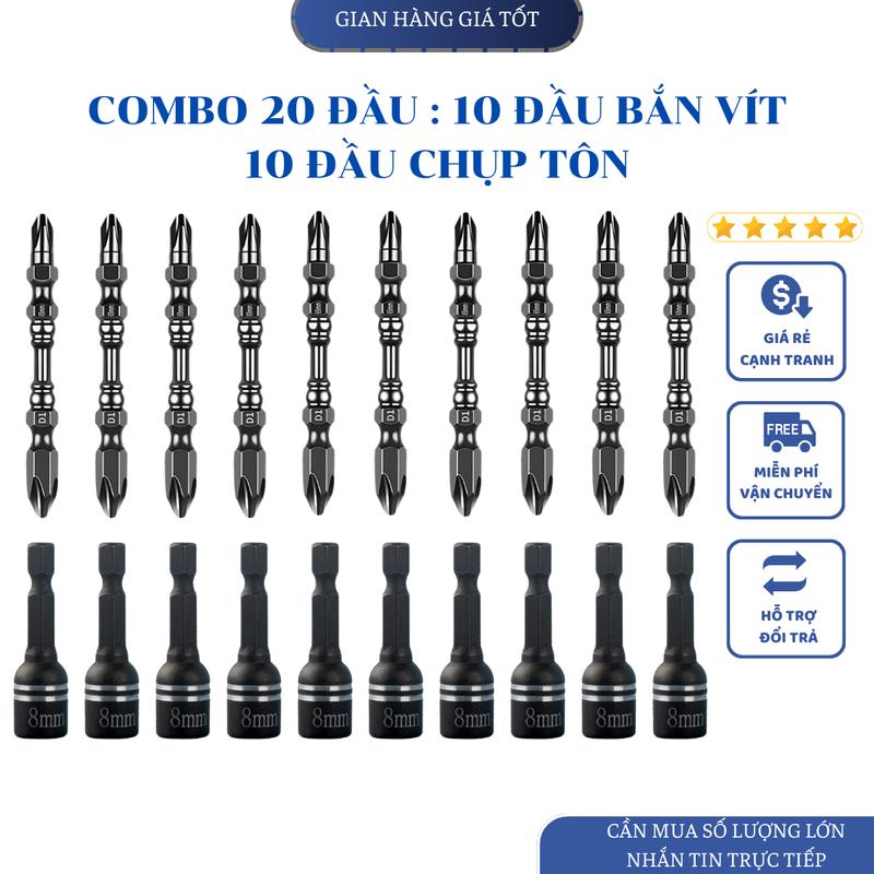 COMBO 20 Đầu (10 Đầu Bắn Vít 65mm + 10 Đầu Chụp Tôn) Cao Cấp Thép S2 Nam Châm Siêu Hít Siêu Từ Tính Thích Hợp Sử Dụng Cho Máy Khoan Pin Khoan Điện