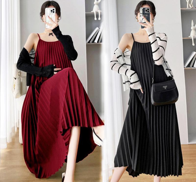  Young Mom | Váy bầu xếp ly dáng dài SET019 có 6 màu váy 2 dây chất liệu Lụa kate silk áo khoác Mongterghi mỏng nhẹ form suôn A xòe Thai sản Thai kỳ Thoải mái Thoáng khí Váy Bầu Voi Len 