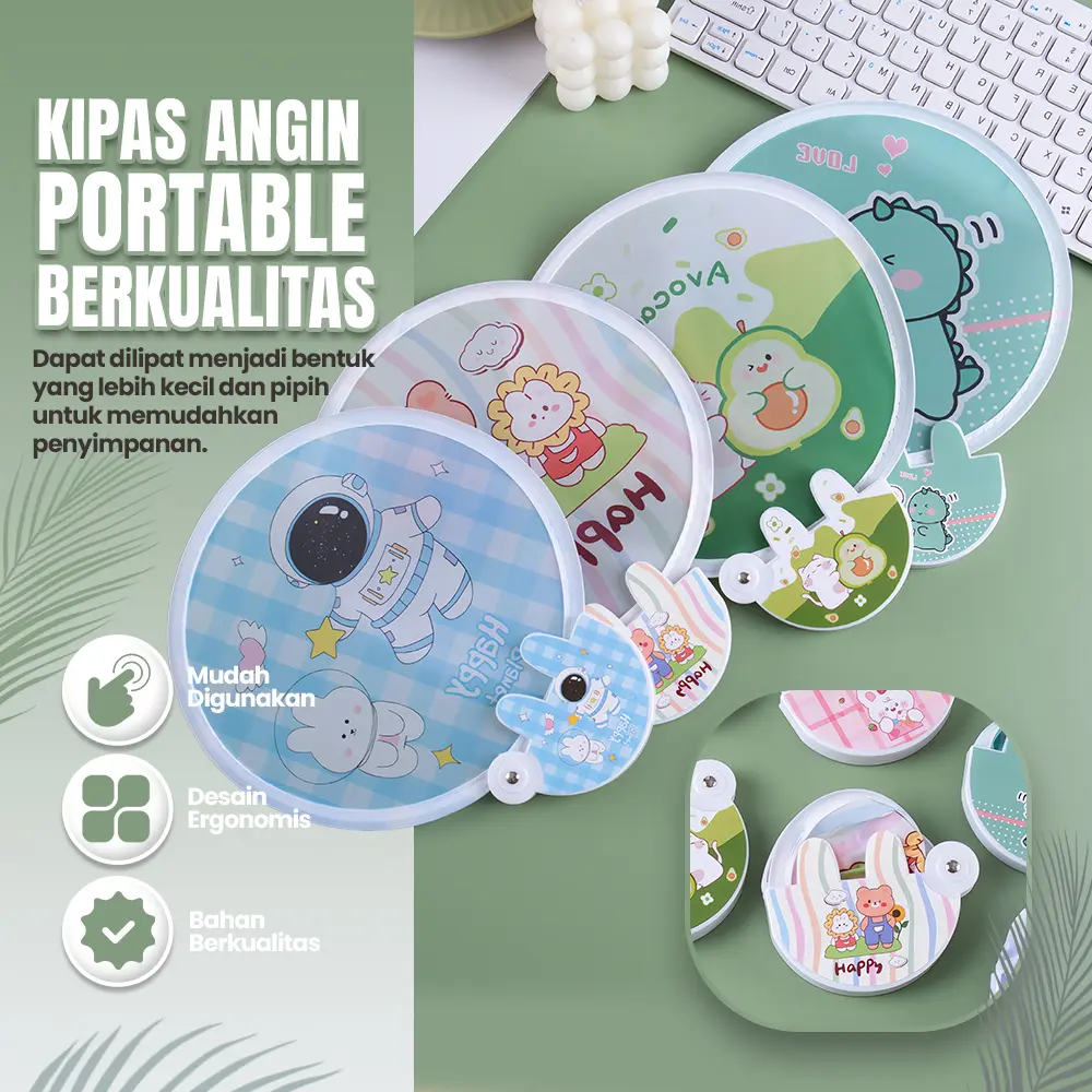Kipas lipat kartun lucu Xiaoxin, kipas bundar kecil, kipas lipat kreatif, pelat reflektif, barang pribadi portabel