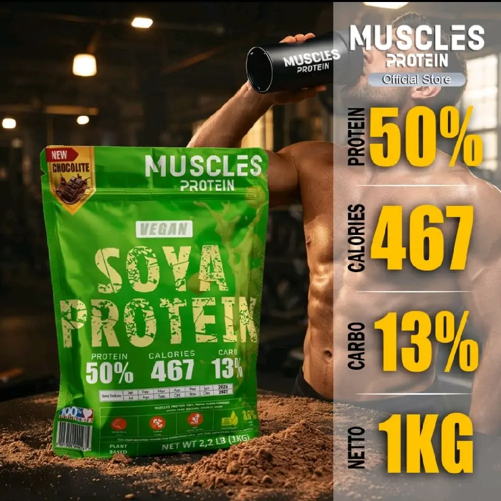 Muscles Protein Soya Coklat 1KG - 50% Protein 467 Kalori 13% Karbo - Vegan - Official Store