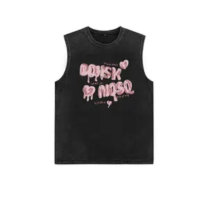 Kaos Tanpa Lengan Katun Murni Musim Gugur Pria, Rompi Rusak yang Dicuci, Kaos Pria Longgar Warna Solid Trendi Retro Amerika