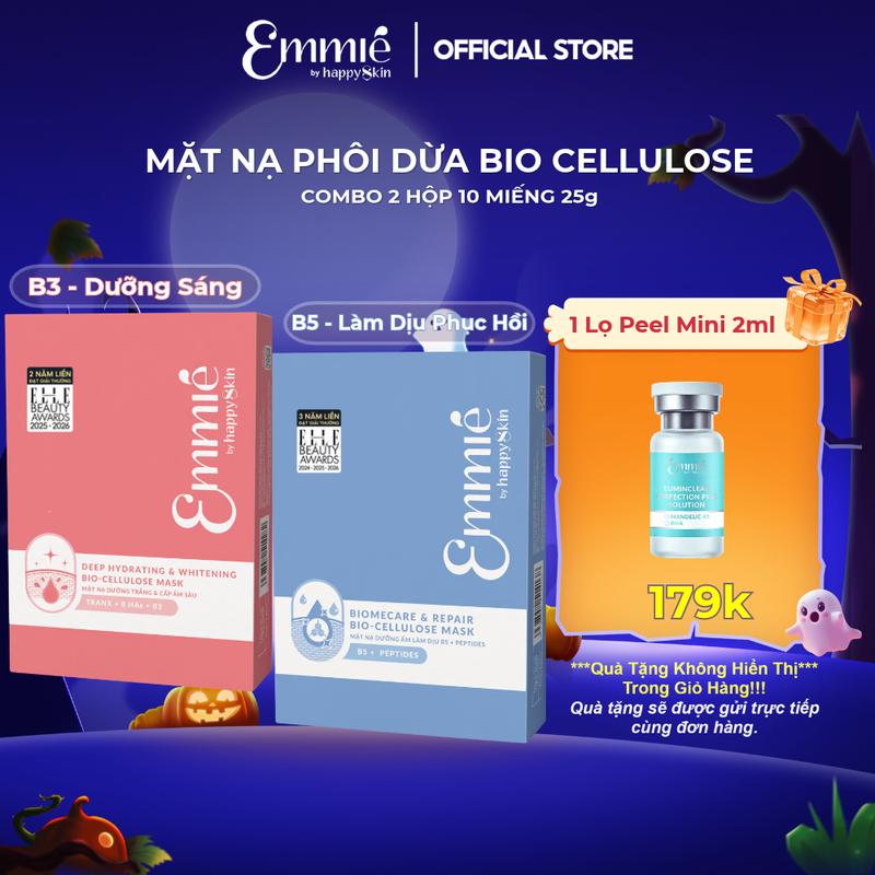 COMBO 2 Hộp 10 Miếng Mặt nạ phôi dừa Bio Cellulose B5 B3 Hỗ Trợ Phục Hồi Làm Dịu Da Cấp Ẩm - Hỗ Trợ Dưỡng Sáng Da Emmié by happySkin 25g x 10 x 2