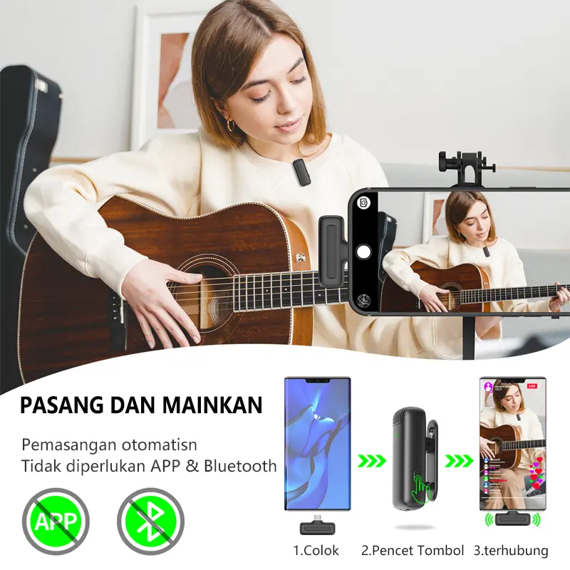 Topspot Mikrofon lavalier mini dengan casing pelindung dan pengisi daya, mikrofon nirkabel portabel plug-and-play,ponsel pintar/komputer/kamera Android, siaran langsung video pendek , mengisi daya ponsel Anda saat merekam Mic Microphone Wireless Bluetooth 3