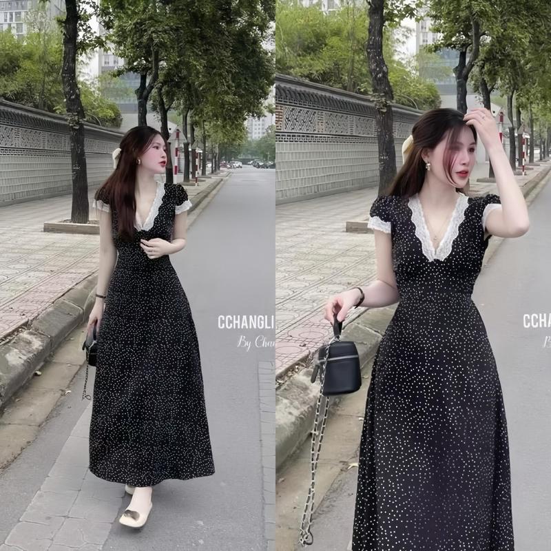 60-90KG ĐẦM MAXI ĐŨI CHẤM BI CỔ V VIỀN REN SIÊU XINH THIẾT KẾ BIGSIZE VƯƠNG NGỌC HÂN Thanh lịch Nữ Women Dress Đi Tiệc