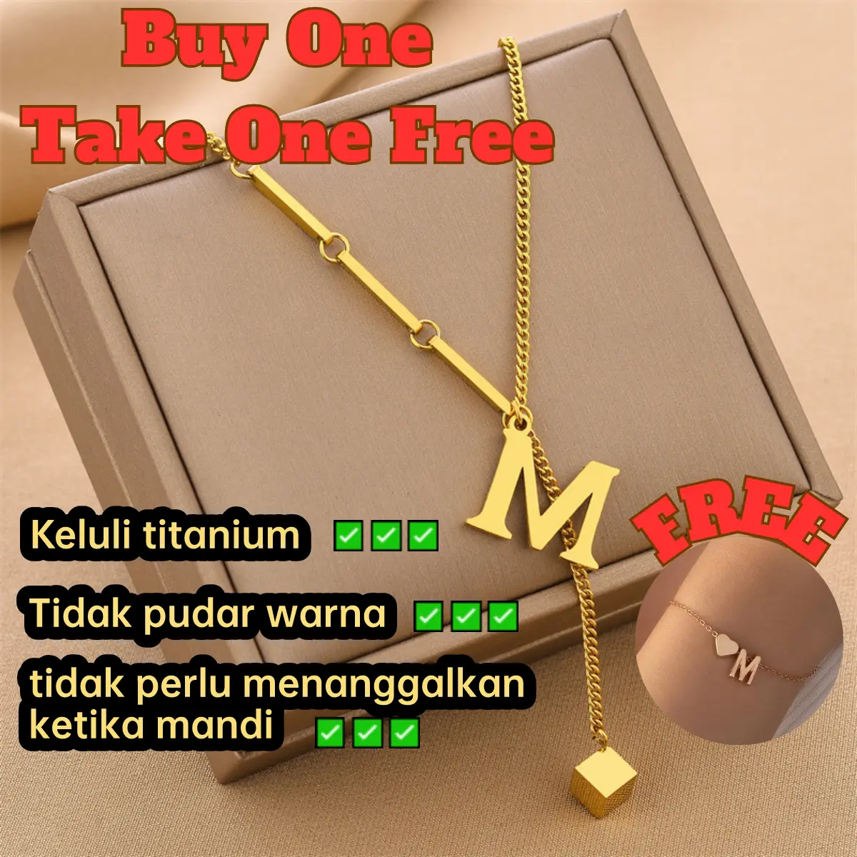 【Only for PUK Customers】Loket huruf abjad A-Z untuk wanita dan kanak-kanak perempuan, kalung huruf Lntial fesyen, kalung pasangan terbaik, dengan kotak percuma dan hadiah percuma Rantai Necklaces