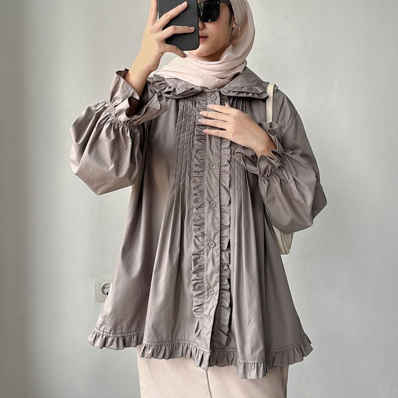 LEONIE POPLIN BLOUSE Atasan Baju Panjang Katun Lembut Oversize Wanita Motif Ruffle 2