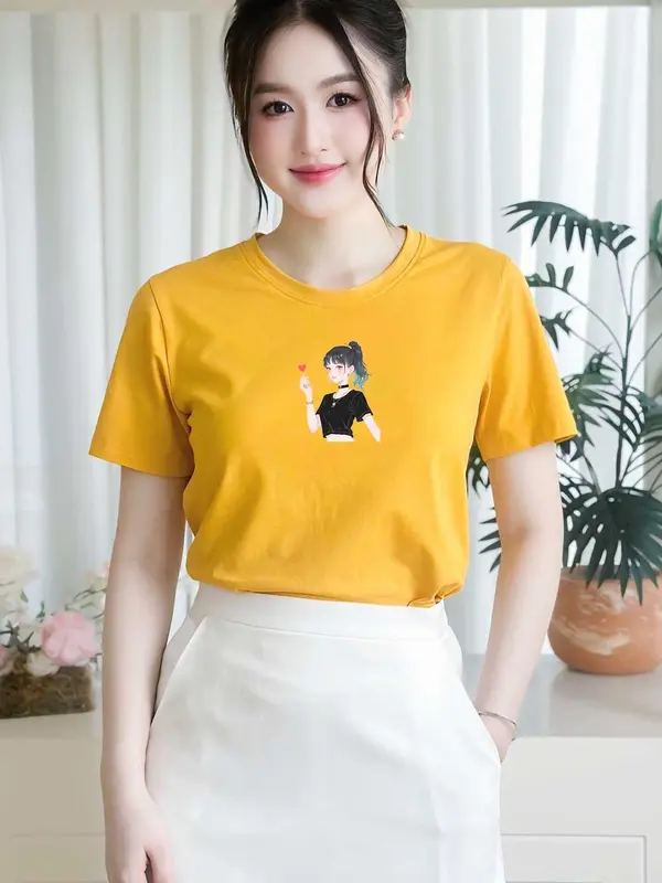 Áo thun nữ cổ tròn TOLI PSB1051 – In hình Cô gái, form vừa dáng, vải cotton 4 chiều mềm mại 1