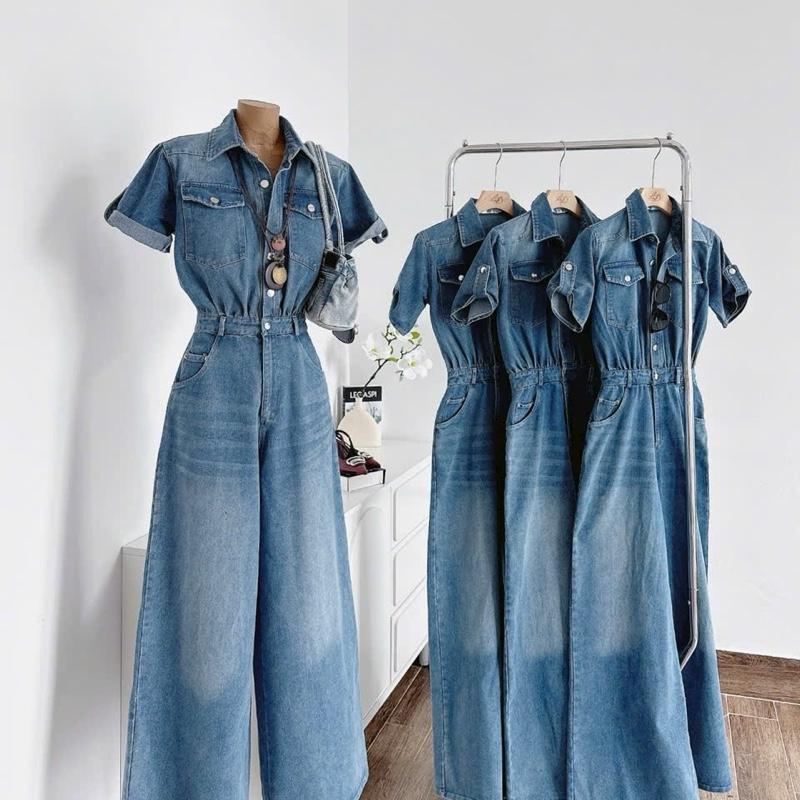 JUMPSUIT JEAN XANH TÚI ĐẮP TAY LẬT ỐNG SUÔNG DÀI