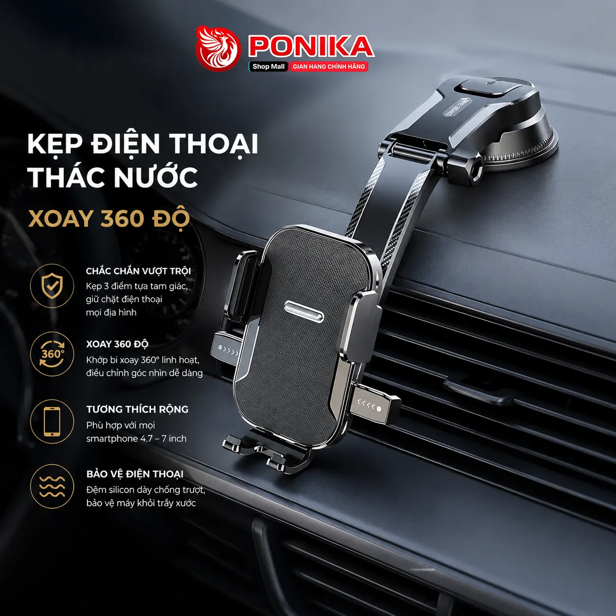 Giá Đỡ Điện Thoại A29 Hình Thác Nước Không Chắn Tầm Nhìn Lái Xe, Kẹp Giữ Điện Thoại Gắn Kính Xoay 360