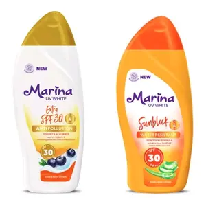 Marina UV White Body Lotion Sunblok 85ml Extra SPF 30 Anti Pollution & Sunblack Water Resistant 30PA+