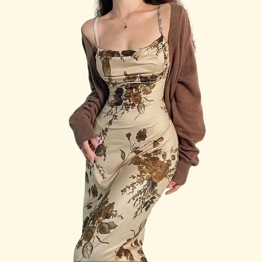 (1318) dress floral vintage maroon baju pantai wanita beach flowers dress press body gaun pesta gold emas mewah korea style XS-XXXL long dress  korean style