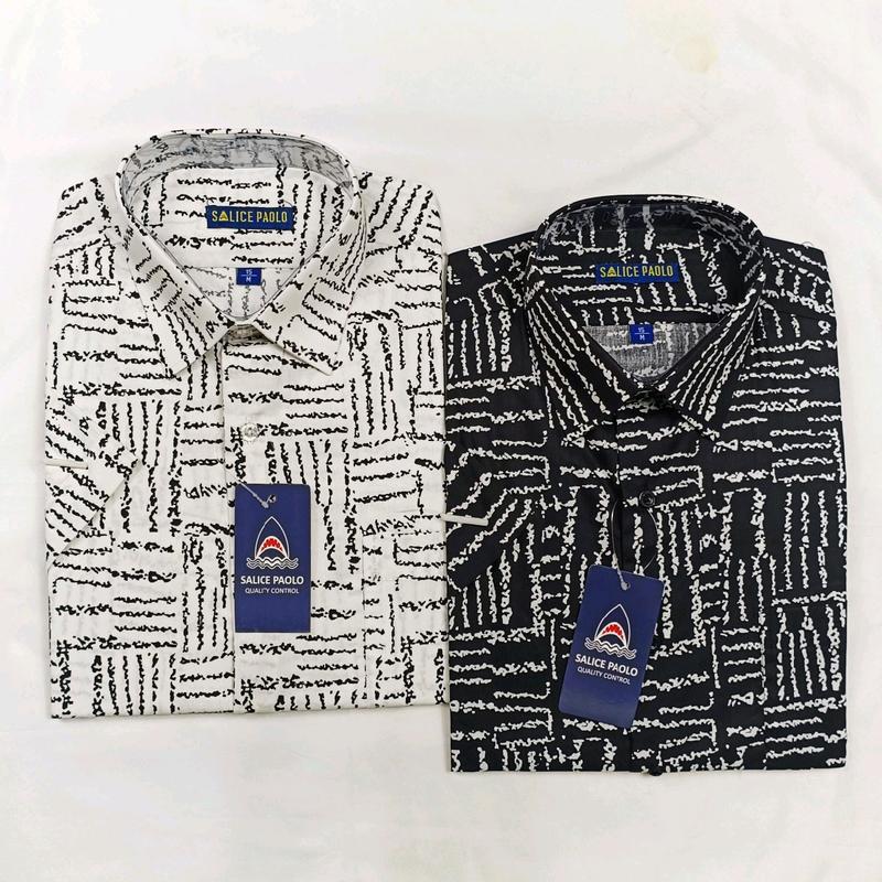 Salice Paolo Kemeja Pria Casual Lengan Pendek Reguler Full Katun Putih Hitam Motif Claw Adem 0