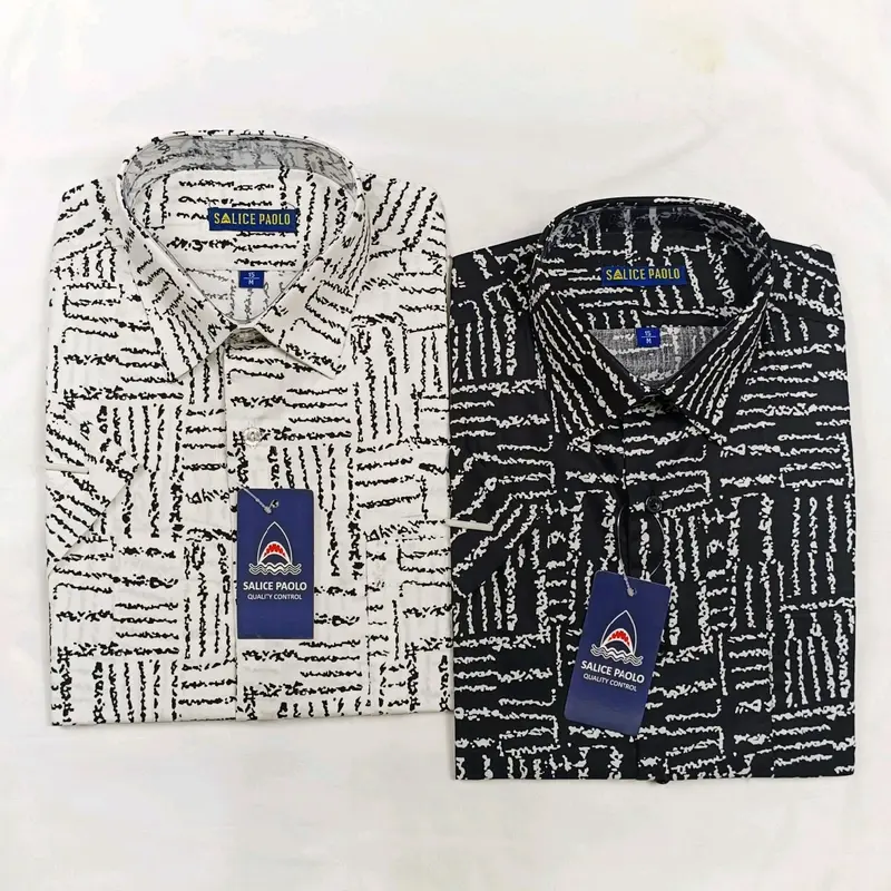 Salice Paolo Kemeja Pria Casual Lengan Pendek Reguler Full Katun Putih Hitam Motif Claw Adem 0