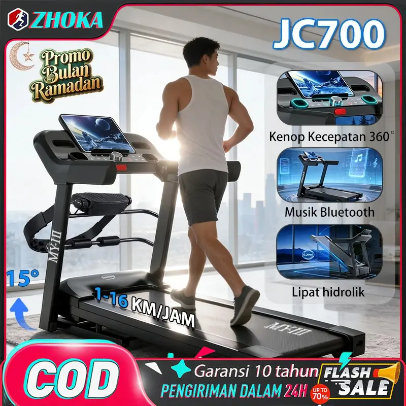 【Tingkat profesional】【Garansi 10 Tahun】Treadmill elektrik JC700 5.0 tenaga kuda kecepatan 16km/jam 3 tingkat kemiringan dapat dilipat sabuk lari 56 cm konektivitas Bluetooth