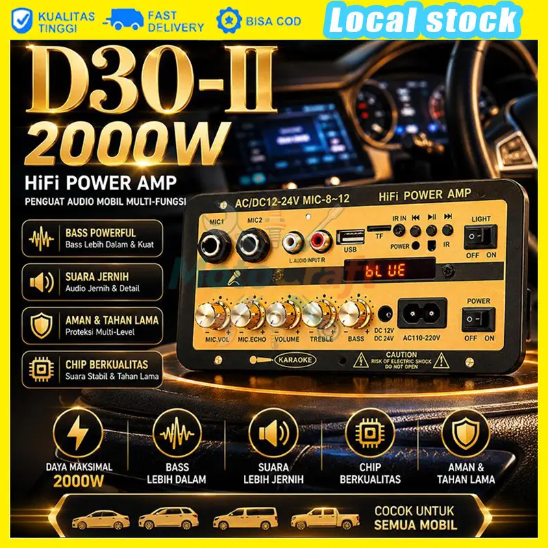 D30-II 2000W Amplifiers Untuk 8-12In Speaker AC 220V 12V/24V Penguat Bluetooth Digital Penguat Suara Stereo Papan Subwoofer