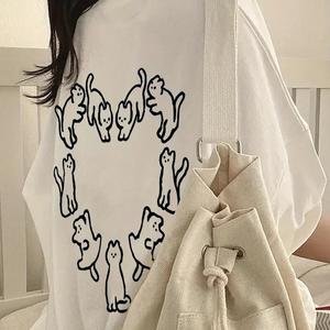 女性用半袖Tシャツハート子猫プリントラウンドネック、ゆったり、純綿カジュアルトップス、ラウンドネック、ショルダーストラップ、ゆったりシルエット、通気性、肩落ちデザインプリントTシャツ夏のゆったりタイプ