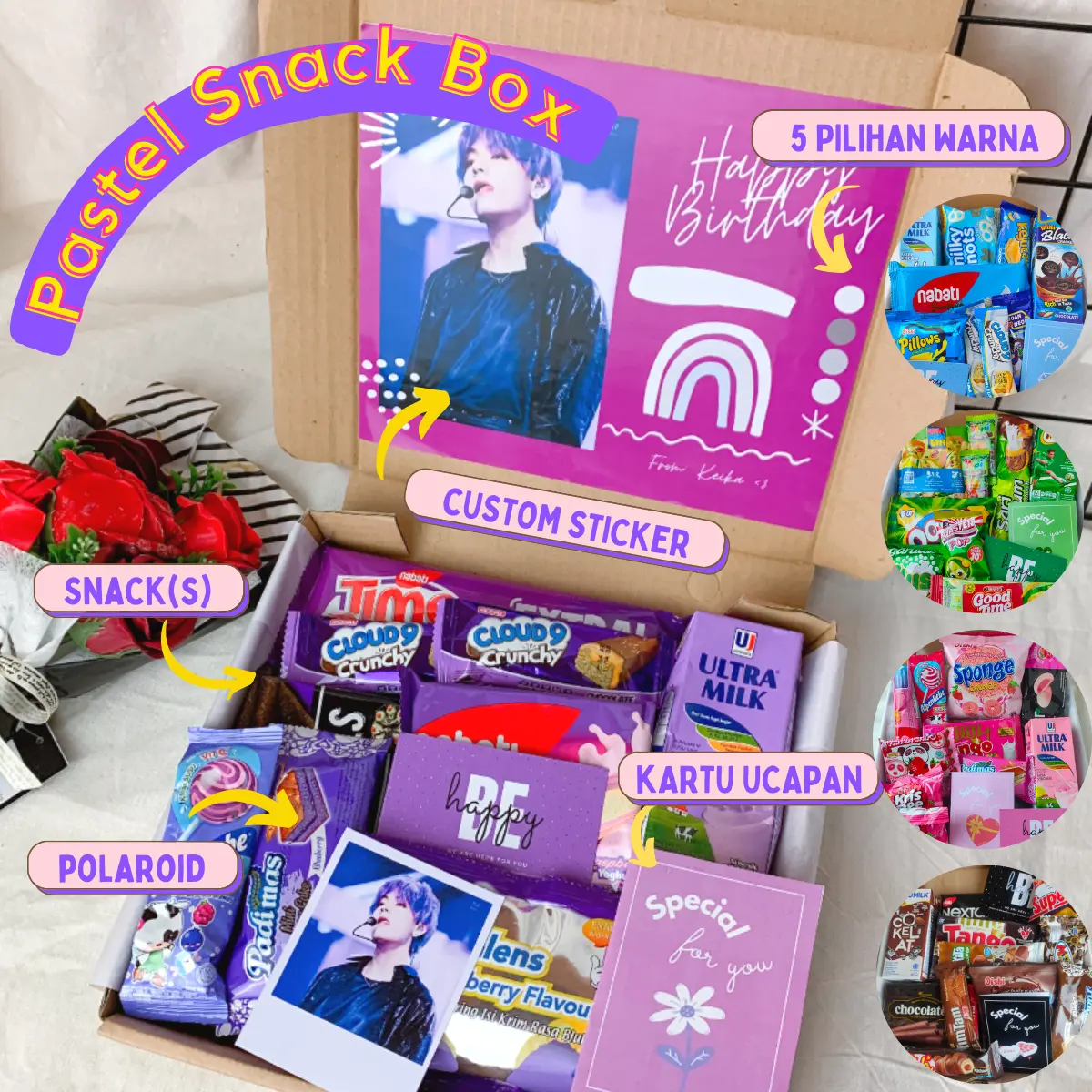 Pastel Snack Box | Kado jajan hampers Snackbox Hadiah Wisuda Ultah Cewek Gift Pink Ungu Hijau Biru kado valentine hampers valentine