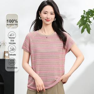 MuMeng [100% Mulberry Silk]  Striped Mesh Top Women's Hollowed Out T-shirt Anti-wrinkle Breathable Casual Blouse for Summer5631