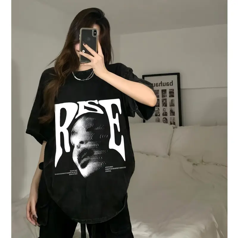 American retro Style T-shirt Oversize Distorted portrait print | Kaos Wanita Putih | Metallica Kaos pria dan wanita 6