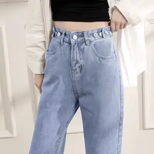 JK-Celana Jeans Highwaist Adjustable Dua Kancing Samping Panjang Highwaist Kulot Jeans Wanita J23 Double Button 2 Kancing Ligh Blue kemeja couple Denim overallexit brandmatahari