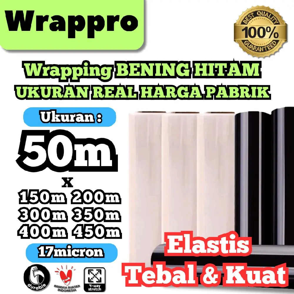 Wrappro Plastik Wrapping Barang BENING HITAM Ukuran Lebar 50cm x Panjang 100m 150m 200m 250m 300m 350m 400m 450m x Tebal 17micron / Stretch Film Roll 50cm / Transparan / Bening Hitam 50x100 50x150 50x200 50x250 50x300 50x350 50x400 50x450