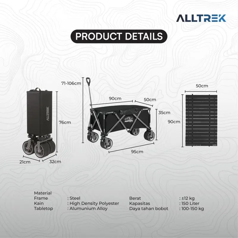 ALLTREK Trolley Cart Outdoor Camping Capacity 90L Baja Hitam 5