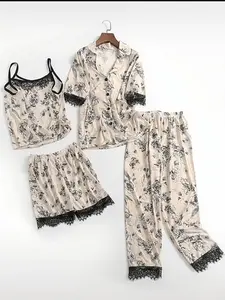 [COD] Set Piyama wanita empat potong motif bunga gaya cina baju tidur adem lembut nyaman elegan WeiweiakUniqlah