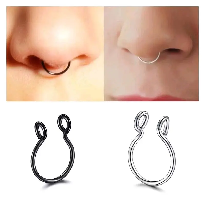 1 Pcs Anting Hidung Fake nose ring Stainless Steel Klip hidung septum Model U-Shape Pria dan wanita