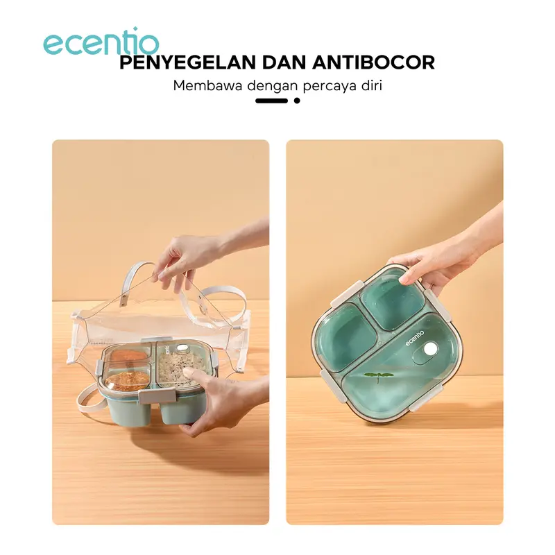 【2pcs】【BPA FREE】ecentio  lunch box settempat bekal makan kotak bekal anti tumpah 3 grid 1100ml Kotak makan wadah bekal anti tumpah kotak sup 100ml Free Sendok Kitchenware 4