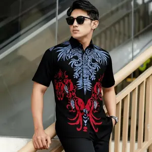Baju Batik Pria Lengan Pendek Hitam Elegan Batik Modern Cowok Dewasa 2025 Seragam Batik Murah Batik Kerja Kantor