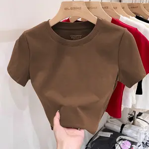 T-shirt crop slim stretch/kaos coklat/T-shirt merah/T-shirt gaya Korea Wanita Atasan Hitam Katun