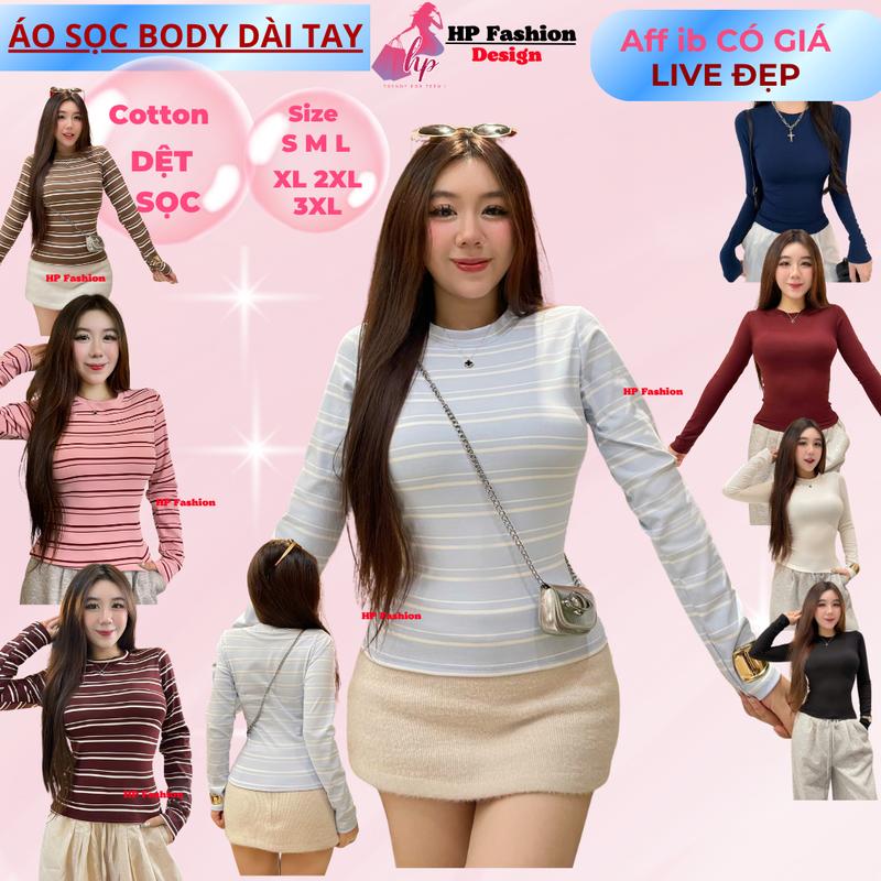 Áo thun dài tay sọc viền nữ chiết eo basic cổ tròn áo phông nữ ôm body cộc ngắn tay vải cao cấp co giãn 2 chiều size S M L XL 2XL 3XL có bigsize HP65