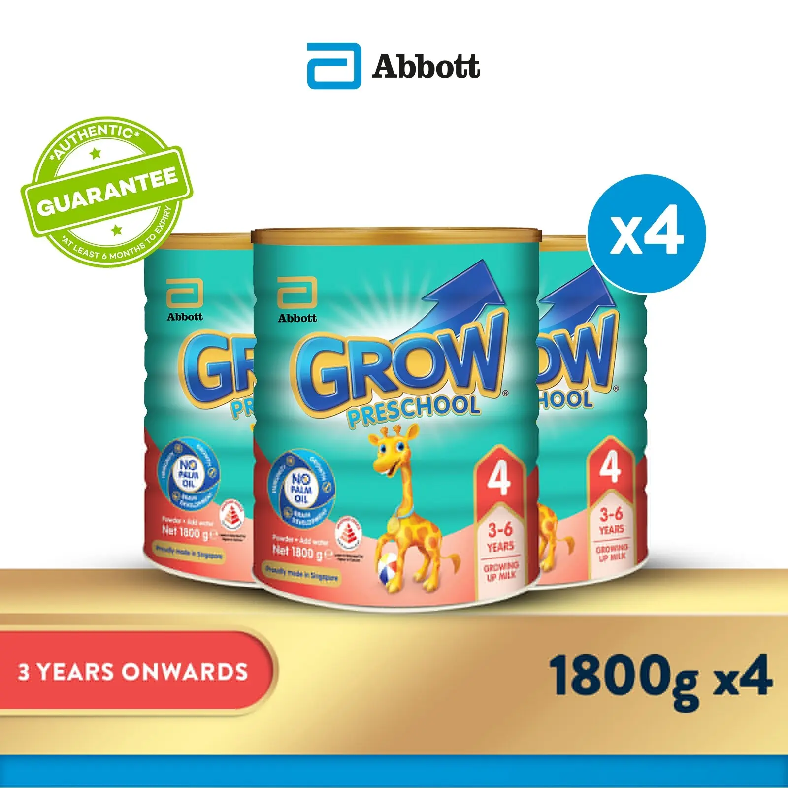 [Bundle of 4] GROW Growing Up Milk for Kids - Preschool Stage 4 (3 years onwards) - 1.8kg