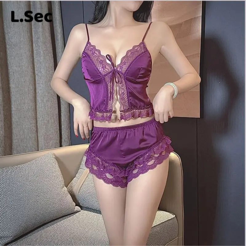 L.Sec Đồ Bộ Ngủ Cạp Cao Mặc Nhà Chất Lụa Phối Ren Mềm Mịn Mát