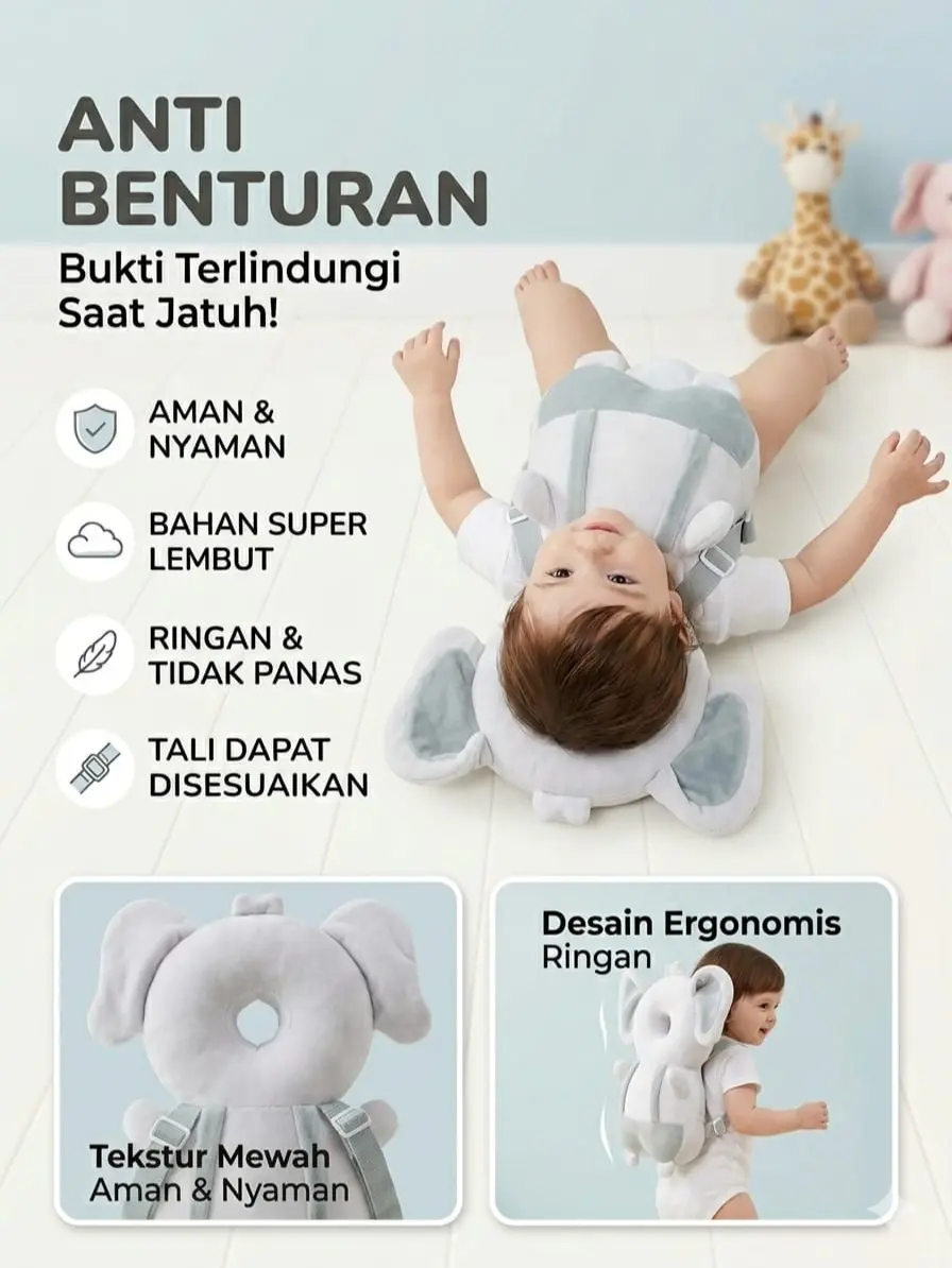 [Free Safty Belt] Bantal Pelindng Kepala Anti Benturan Babay Head Protector Premium Bahan Halus Dan Lembut UNtuk Usia 4 - 24 Bulan - Elephan Grey