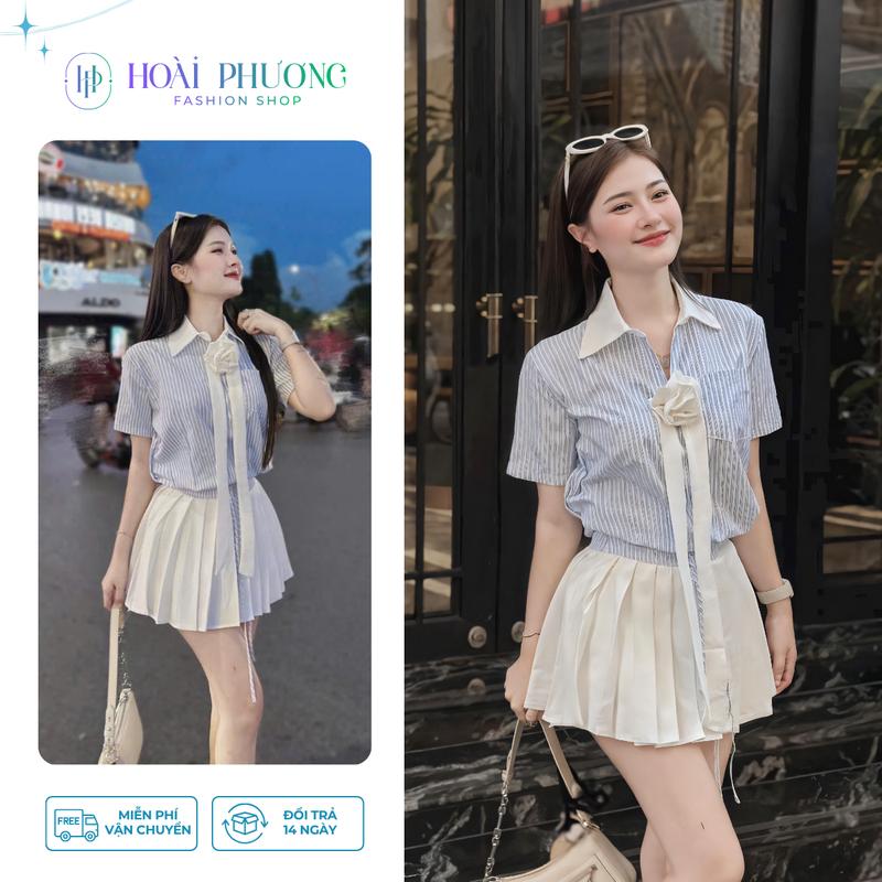 [XẢ KHO] Set Váy Nữ Set Liền Thân Sơ Mi Tay Ngắn Kẻ Sọc Xanh Phối Tag Hoa, Chân Váy Xếp Ly Có Quần Trong