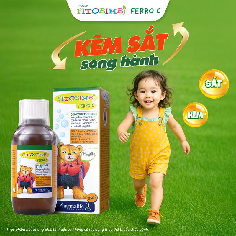  TPBVSK Fitobimbi Ferro C - Siro Bổ Sung Sắt Kẽm Hữu Cơ Vitamin Kẽm Sắt Song Hành Hỗ Trợ Ăn Ngon Hấp Thu Tốt Hơn Cho Bé Chai 200ml 