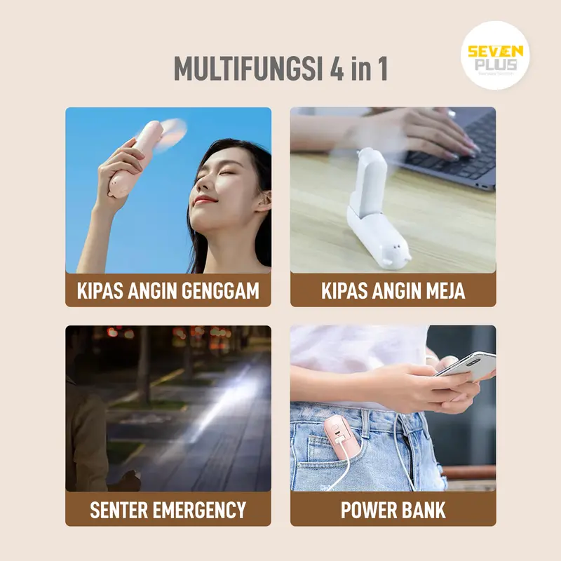 Seven Plus Kipas Angin Mini Portable Original 4800mAh Layar LED Multifungsi 4 in 1 kipas angin kecil portable fan mini pocket fan kipas angin lipat kipas angin meja kipas angin super mini premium berkualitas kipas angin tahan lama rechargeable fan 2
