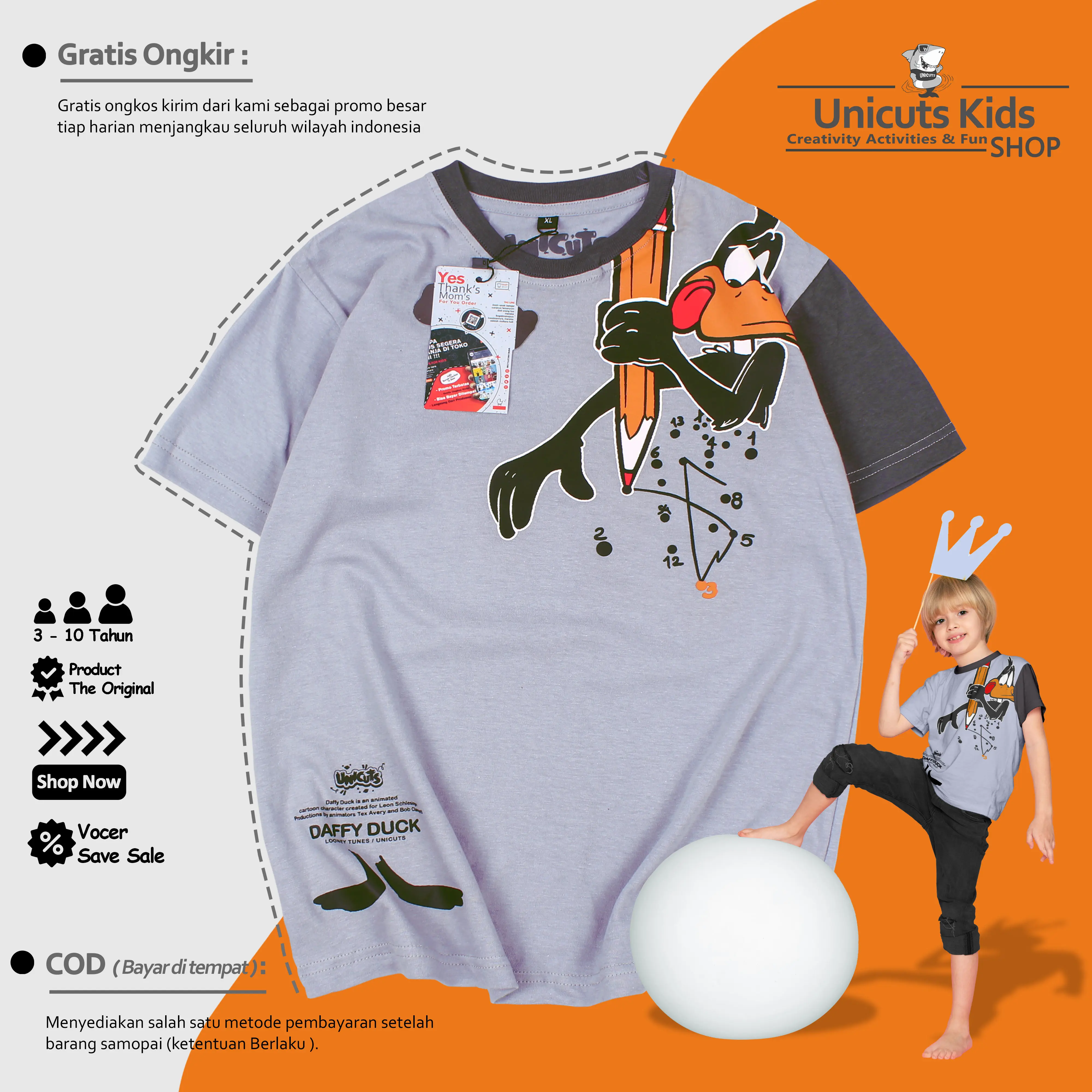 Kaos Anak Duffy Duck / Kaos Anak Laki Laki Dan Perempuan Abu Abu Unicuts  3 Sampai 10 Tahun Pakaian Anak Katun / Pakaian Anak Abu Tua