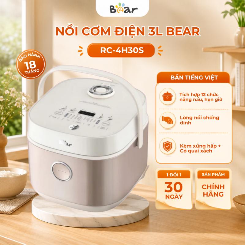 Nồi Cơm Điện 1L Bear RC-4H30S , Phù Hợp 2-4 người, Tích Hợp Van Áp Suất, Bảo…
