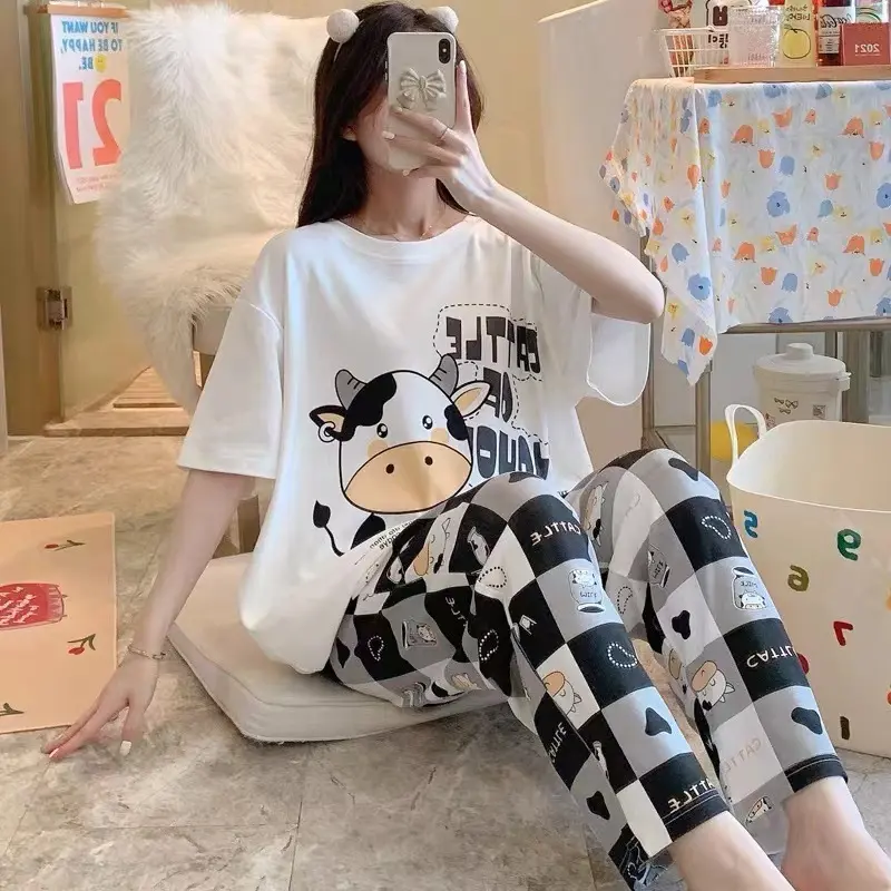 YBSS Setelan baju tidur wanita dewasa lembut serap keringat bahan katun polyester lengan pendek panjang celana panjang set piyama perempuan remaja terbaru kekinian motif karakter animasi lucu ukuran jumbo fit to XXL cocok untuk santai harian PY005 PY 4