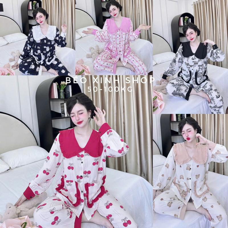  Đồ Bộ - Đồ Ngủ Tay Dài Cổ Sen Viền Pijama Bigsize 50-100kg Vải Lụa Nhật Tiểu Thư Nữ Women Quần Ngủ Thun - A.5606 