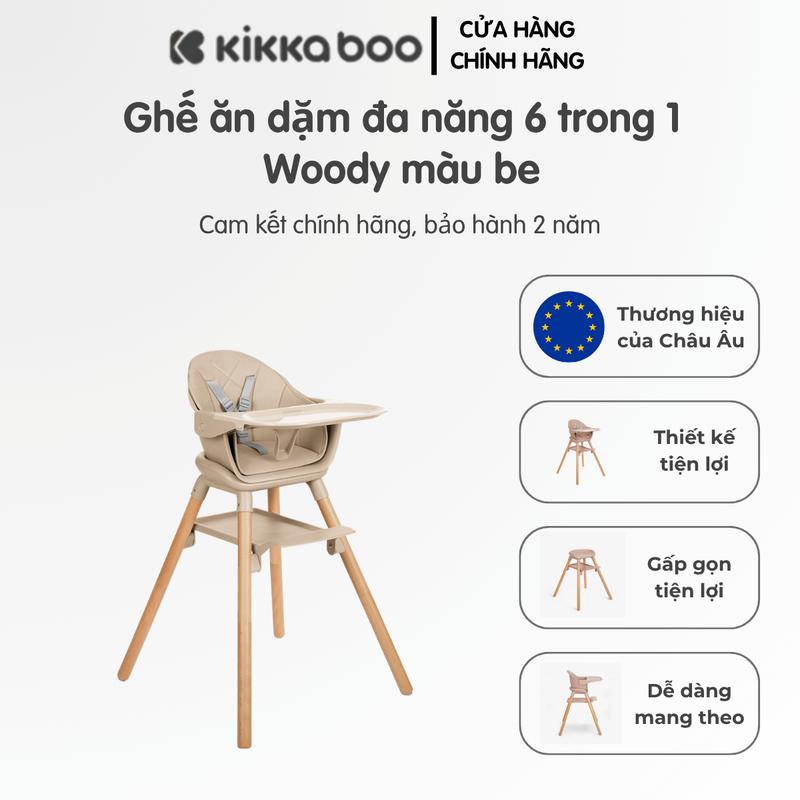 Ghế ăn dặm đa năng 6 trong 1 Woody màu be có dây đai 5 điểm, khay đôi & chân chống trượt