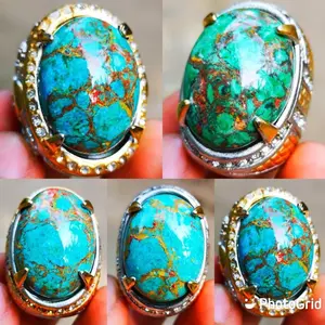 Batu Permata Akik Pirus Kuno Mesir Serat Emas Top Colour Big Size - Ring, Jade oval