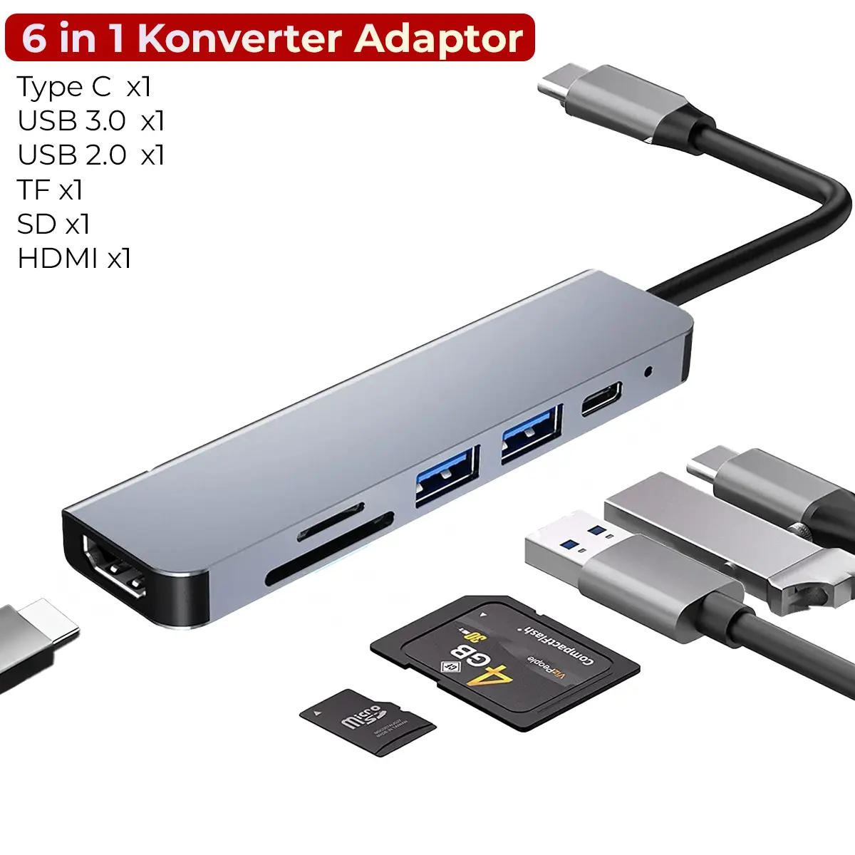 Suksestech Konverter Adaptor 6 in 1 USB Tipe C HDTV/SD/TF/USB 2.0/USB 3.0 TPC-232